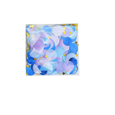 Colorful confetti assortment in blue and purple tones in a clear bag