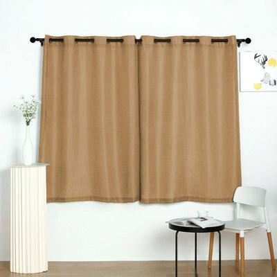 Brown curtains hanging in a minimalist room with furniture and decor.