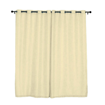 Cream-colored sheer curtains with blue grommets, hanging on a black rod.