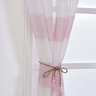 Pink and white striped sheer curtain with decorative tie.