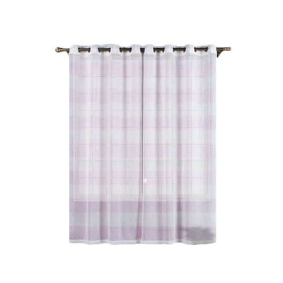 Purple checkered sheer curtain hanging on a rod