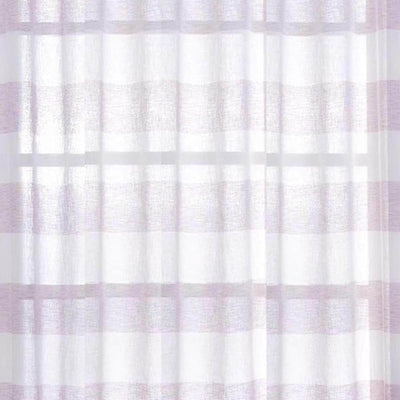 Sheer window curtain with horizontal stripes in soft pastel colors.