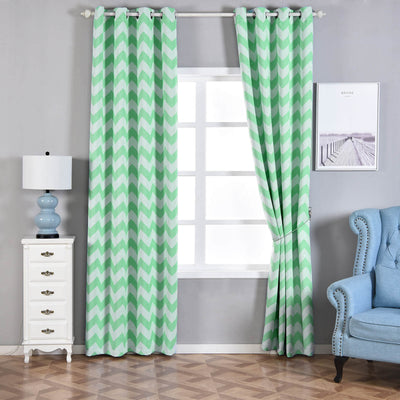 Mint green chevron curtains in a stylish living room setting.