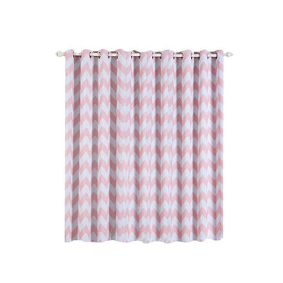Pink chevron patterned curtains hanging on a rod
