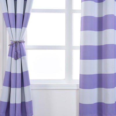 Purple striped curtains hanging by a window