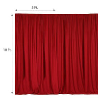 A solid red scuba polyester curtain with measurements on a white background, perfect for room divider, solid backdrop curtain & dividers.