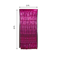A metallic foil fuchsia/hot pink tinsel curtain with measurements on a white background