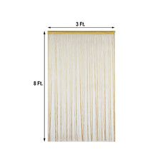 A gold silk and foil string curtain with measurements of 3 ft and 8 ft