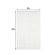 A white silk and foil fringe curtain with measurements on a white background
