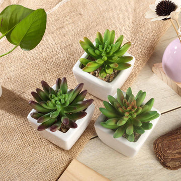 3 Pack | 4" Ceramic Planter Pot and Artificial Lotus Succulent Plants