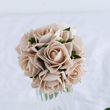 24 Roses | 2" Champagne Artificial Foam Flowers With Stem Wire and Leaves