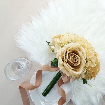 2 Bushes | Champagne Artificial Silk Rose and Hydrangea Flower Bouquets