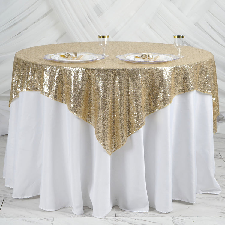 Champagne Sequin Square Table Overlay 60 Inch x 60 Inch