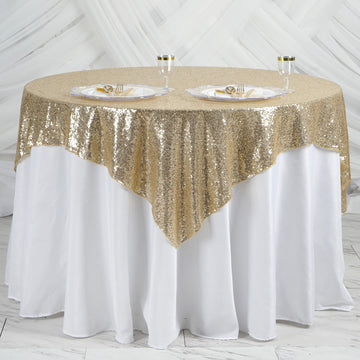 Add Elegance to Your Event with the Champagne Duchess Sequin Square Table Overlay 60"x60"