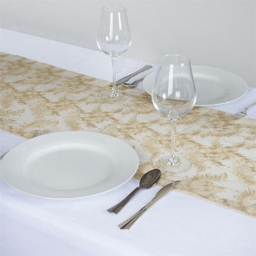 14"x108" Champagne Floral Lace Netting Table Runner