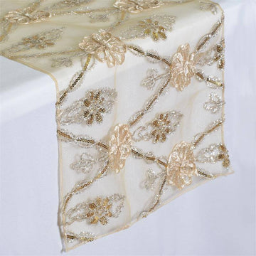 Champagne Lace Netting Fashionista Style Table Runner 14"x108"