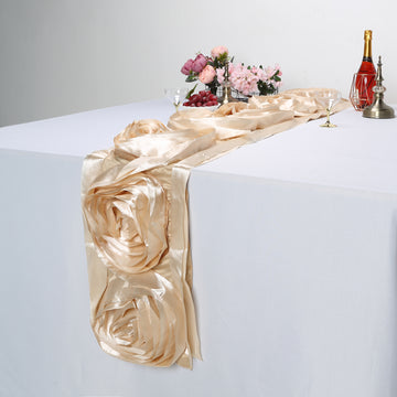 Champagne Large Rosette Flower Premium Satin Table Runner 13"x104"