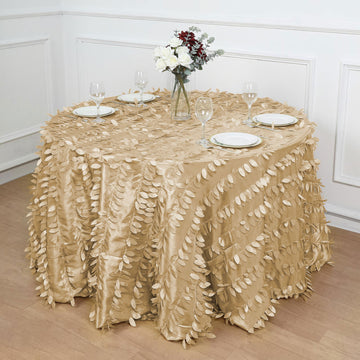 Champagne 3D Leaf Petal Taffeta Fabric Seamless Round Tablecloth 120"