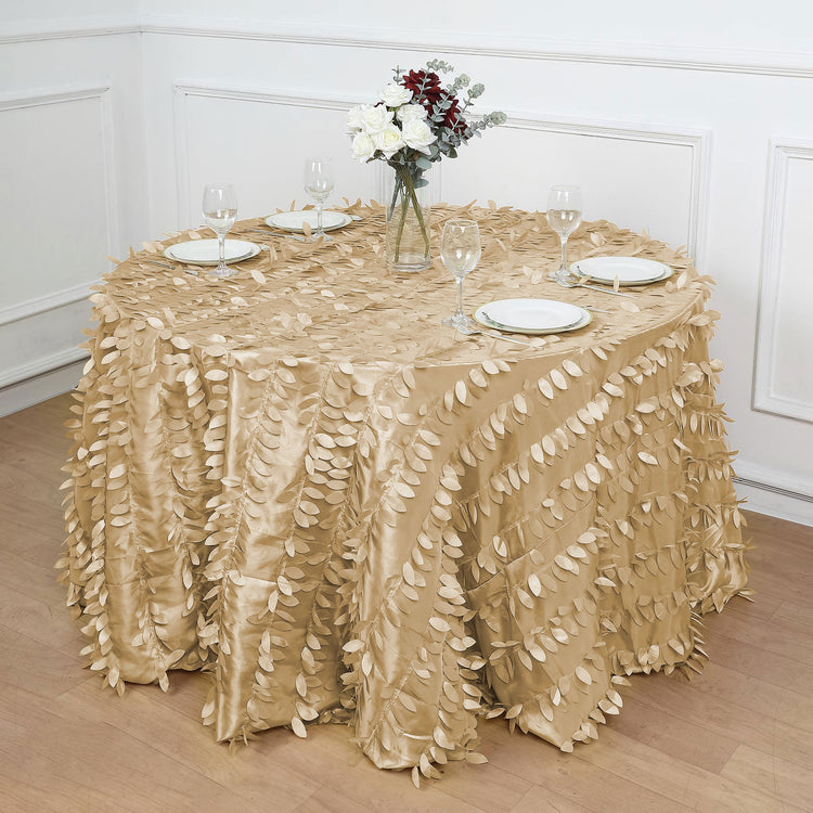 120 Inch Champagne Taffeta Round Tablecloth with 3D Leaf Design