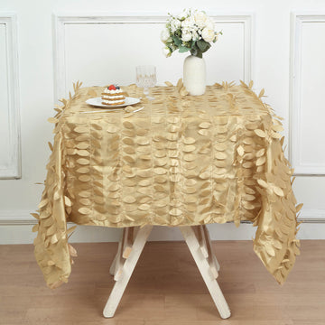 54" Champagne 3D Leaf Petal Taffeta Fabric Seamless Square Tablecloth
