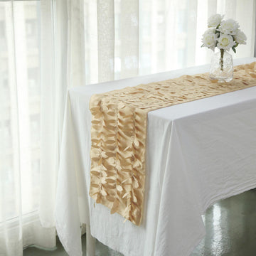 12"x108" Champagne 3D Leaf Petal Taffeta Fabric Table Runner