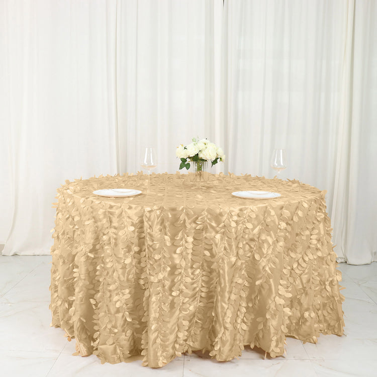 132 Inch Champagne Leaf Petal Taffeta Round Tablecloth