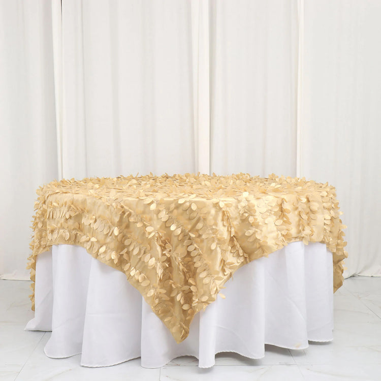90 Inch x 90 Inch Champagne Taffeta Square Table Overlay with Leaf Petal Design
