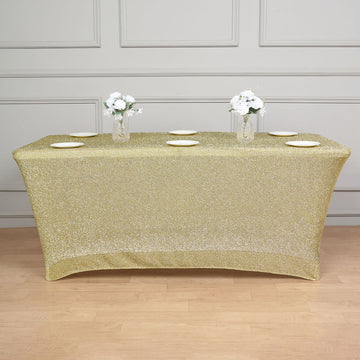 Add Glamour to Your Event with a Champagne Metallic Shimmer Tinsel Spandex Table Cover