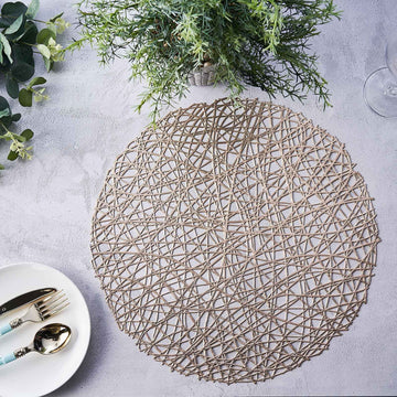6 Pack | 15" Champagne Metallic Woven Vinyl Placemats, Non-Slip Round Table Mats