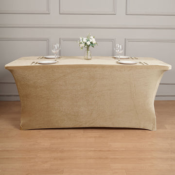 Champagne Premium Smooth Velvet Spandex Fit Rectangular Tablecloth With Foot Pockets 6ft