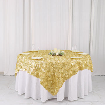 Champagne 3D Rosette Satin Square Table Overlay 72"x72"