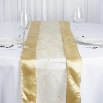 14"x108" Champagne Satin Embroidered Sheer Organza Table Runner