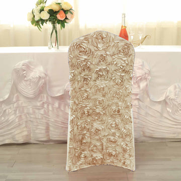 Champagne Satin Rosette Spandex Stretch Banquet Chair Cover, Fitted Chair Cover