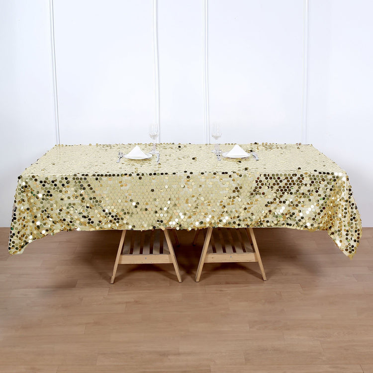 60 Inch x 102 Inch Champagne Big Payette Sequin Rectangle Tablecloth