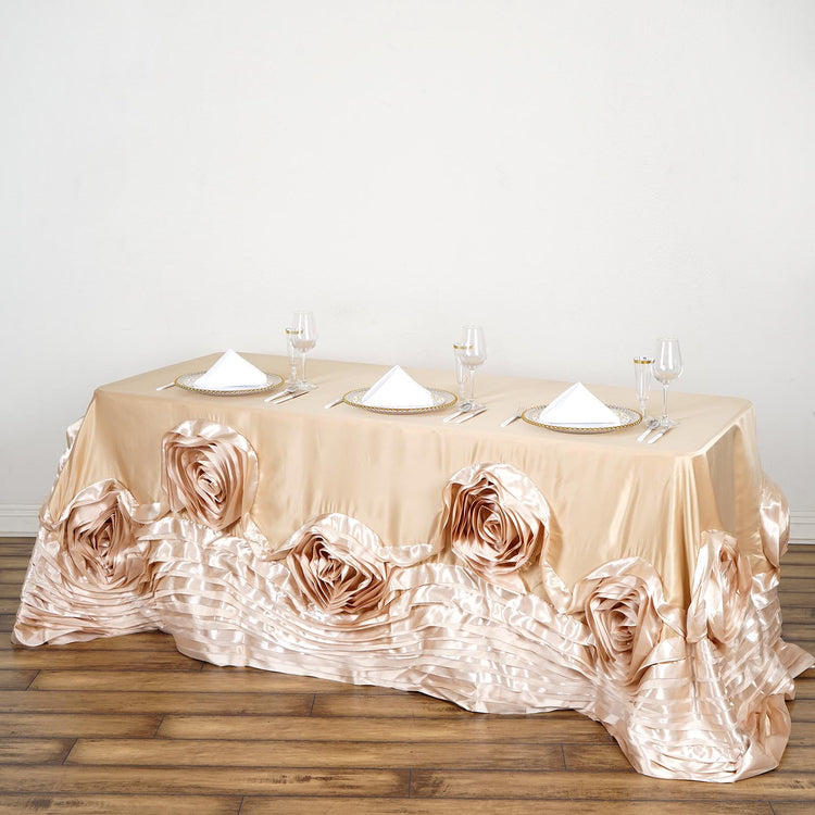 90 Inch x 132 Inch Champagne Large Rosette Rectangular Lamour Satin Tablecloth