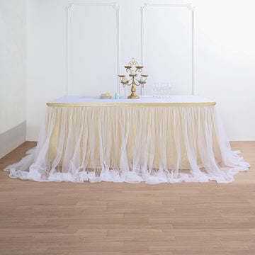 14ft Champagne / White Extra Long 48" Two Layered Tulle and Satin Table Skirt