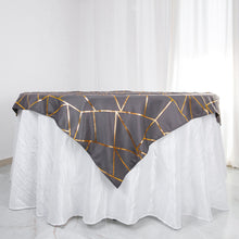 Charcoal Gray 54 Inch x 54 Inch Polyester Square Table Overlay With Gold Foil Geometric Pattern