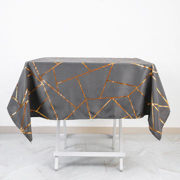 54"x54" Charcoal Gray Seamless Polyester Square Tablecloth With Gold Foil Geometric Pattern