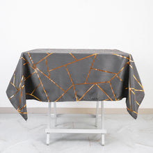 54 Inch x 54 Inch Charcoal Gray Polyester Square Tablecloth With Gold Foil Geometric Pattern