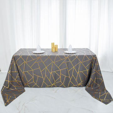 90"x156" Charcoal Gray Seamless Rectangle Polyester Tablecloth With Gold Foil Geometric Pattern