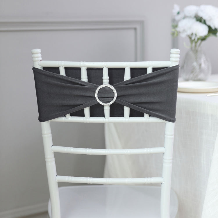 5 Pack Charcoal Gray Spandex Stretch Chair Sash With Silver Diamond Ring Slide Buckle 5 Inch x 14 Inch