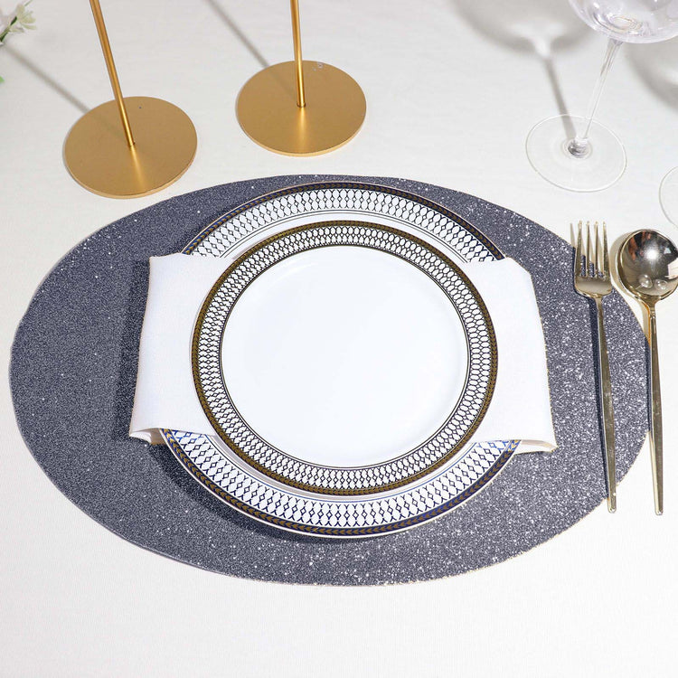 6 Pack Charcoal Gray Sparkle Placemats Non Slip Decorative Oval