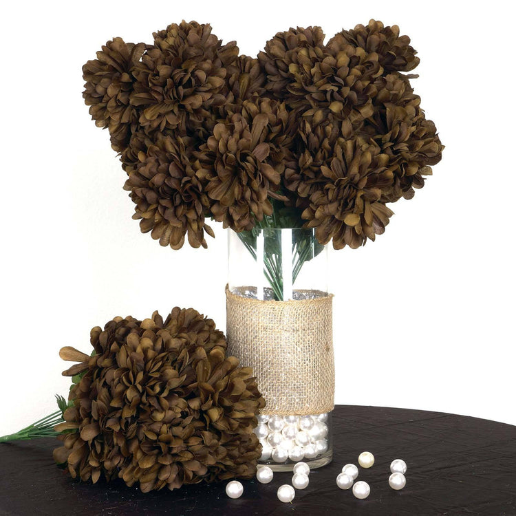 Chocolate 56 Flowers Artificial Chrysanthemum Silk Bouquets 4 Bushes