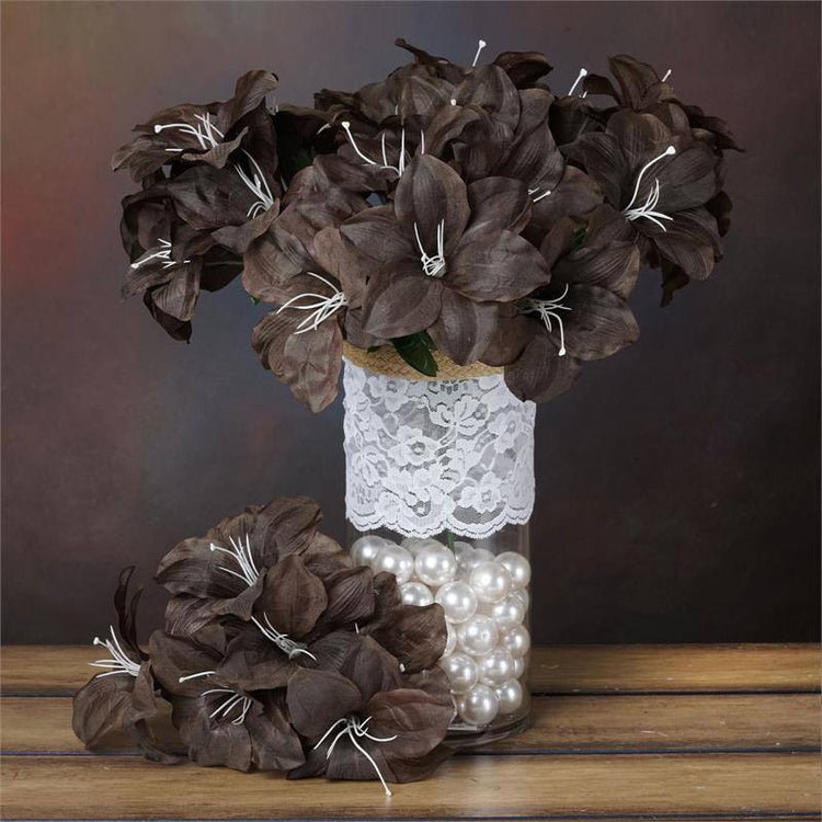 10 Bushes | Chocolate Brown Artificial Silk Tiger Lily Flowers, Faux Bouquets