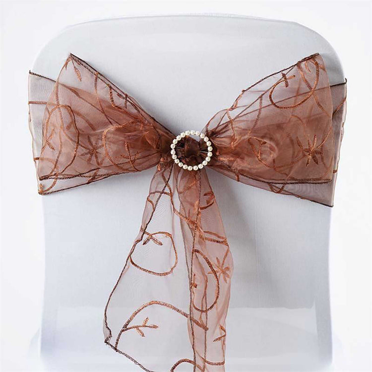 5 PCS | 7 Inch x108 Inch | Chocolate Embroidered Organza Chair Sashes | eFavorMart#whtbkgd