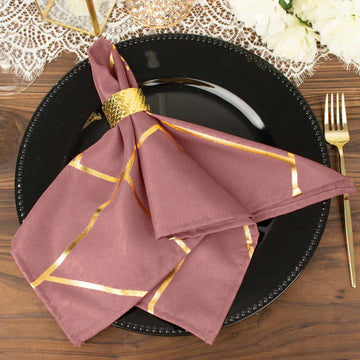5 Pack Cinnamon Rose With Geometric Gold Foil Cloth Polyester Dinner Napkins 20"x20"