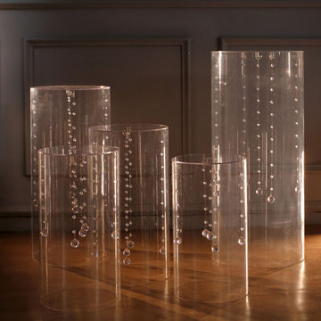 Set of 5 | Clear Acrylic Cylinder Plinth Display Box Stands, Pillar Pedestal Props With Hanging Hooks