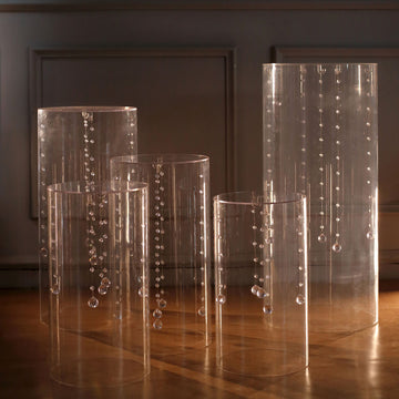 Set of 5 Clear Acrylic Cylinder Plinth Display Box Stands, Pillar Pedestal Props With Hanging Hooks