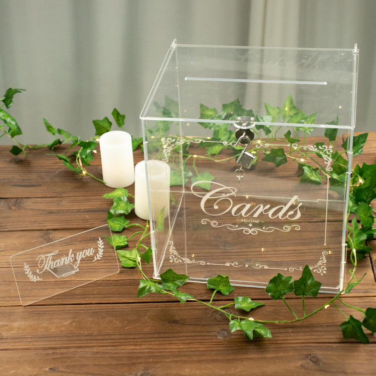 Acrylic Clear 3D Leaf Petal Card Box With Lock Key & Sign Stand 10X8.5X9.8 Inch