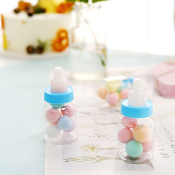 12 Pack | 3.5" Clear / Blue Baby Bottle Candy Treat Gift Boxes, Baby Shower Party Favor Boxes